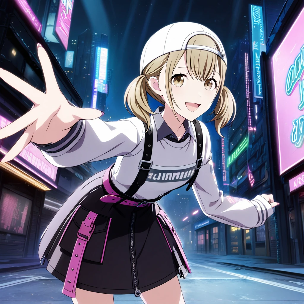 1girl, azusawa kohane, project sekai, masterpiece, very aesthetic, absurdres, official art,
solo, low twintails, blonde short hair, beige eyes,  sidelocks, upper body,
(looking at viewer:1.2), (leaning forward:1.4), open mouth, singing a song with microphone, holding microphone, outstretched arm,  legs apart, BREAK
asymmetrical sleeves, white long sleeves, white backwards cap, pink belt, black suspender skirt, collared shirt, zipper, zipper pull tab,
night, cyberpunk city, light rays, luminescence, dark atmosphere, neon sign, skyscraper, City of night,
<lora:sdxl-vbs-BNKh04:0.9:lbw=0,0,0.2,0.2,0,0.4,0.4,0,0.8,0.8,0,0,0,0.8,0.8,0.6,0.8,0.0,0.0,0.0,0,0,0,0,0,0>