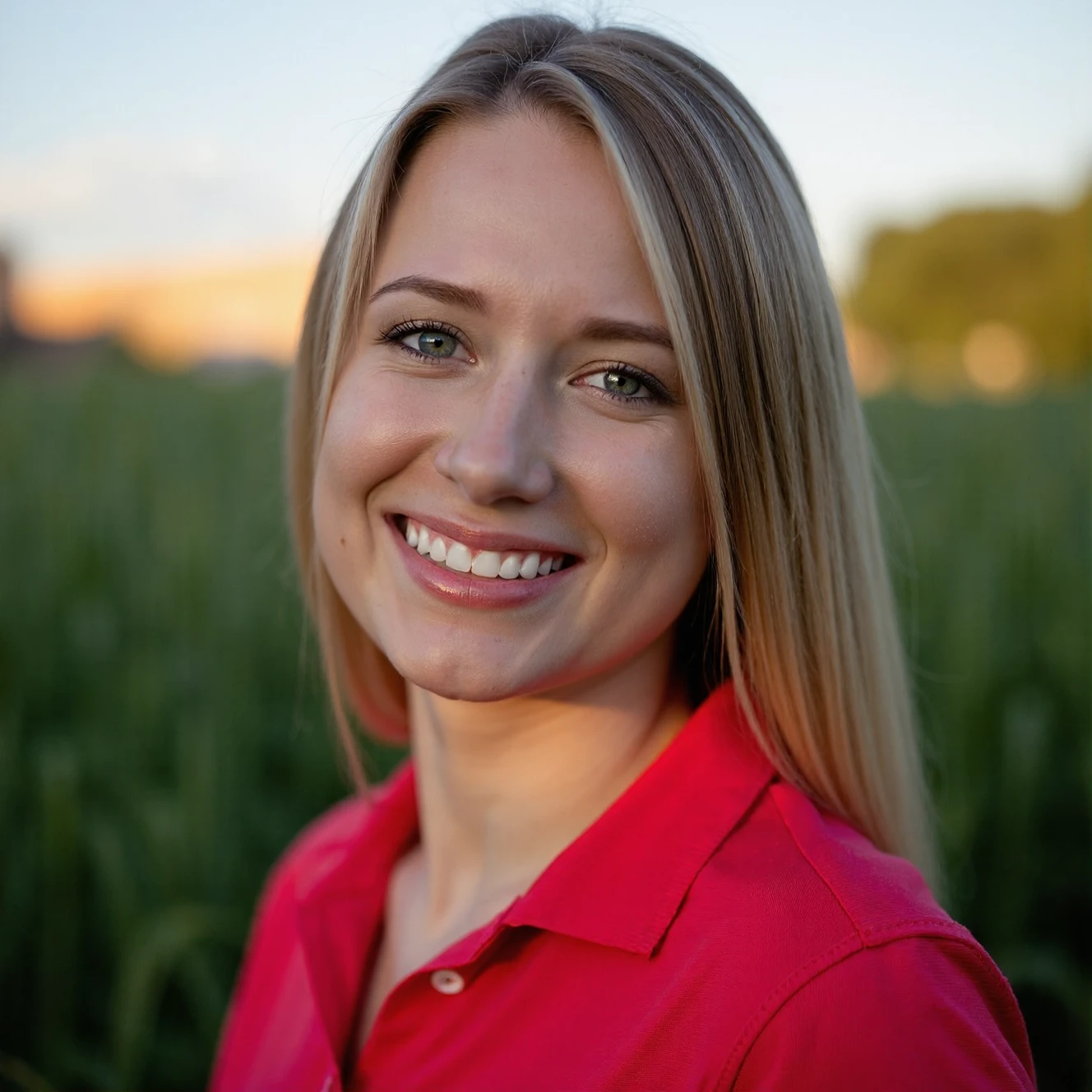 RAW photo, a candid full body portrait of a beautiful blonde 30 year old woman wearing a (red shirt) in early morning light, golden hour, natural sunlight, 8k uhd, dslr, soft lighting, high quality, film grain, Fujifilm XT3
 <lora:FLUX_polyhedron_all_1300:0.5> (pointy chin:1.5), (no cleft chin), (no chin dimple)   <lora:FLUX_polyhedron_chin_teeth_mouth-epoch000002:0.5>
 (dappled light on face), sun on skin, spotlight on face, pointy chin, tiny teeth, closed mouth, (no freckles:0.5), perfect eyes, glowing irises, even eyes, even pupils, round iris, detailed pupils, light reflections, visible cornea, blood vessels, (wet skin:1.1), (sweat:1.1), white winter skin, wax skin, marble skin, pale skin, clear skin, [[skin blemishes]], skin pores, blush, flushed cheeks, [[[[[moles]]]]], wrinkles, [[[[vitiligo spots]]]], [[whiteheads]], [[[blackheads]]], [pimples], perfect hands, shiny bright eyes, centered pupils, blood vessels in sclera, detailed skin, [[oiled shiny skin]], beauty spots, skin fuzz, sss, subsurface scattering, shine from within, hands off face, not asian
background is a meadow at sunrise