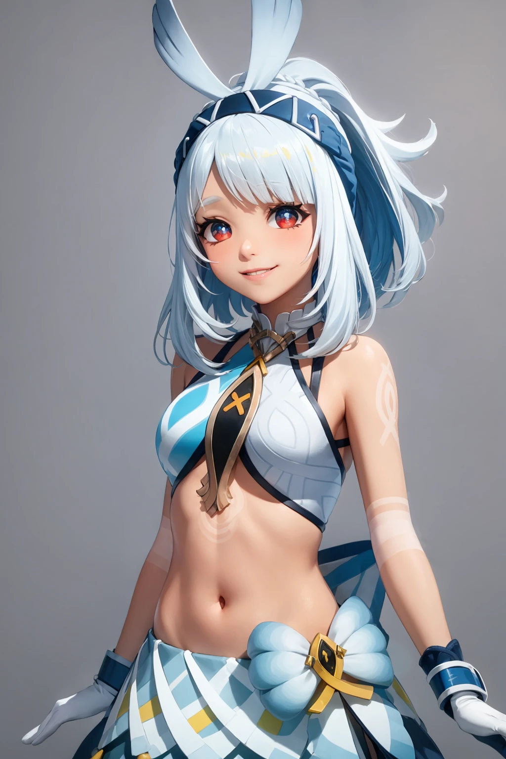 masterpiece, best quality, <lora:muarani:1>, 
1girl, solo, rabbit ears, white hair,  multicolored hair,braid, ponytail,  hairband,red eyes,  bare shoulders, wrist cuffs,gloves,sleeveless, crop top ,navel, blue skirt, jewelry,dark skin, 
grey background, cowboy shot, smile,