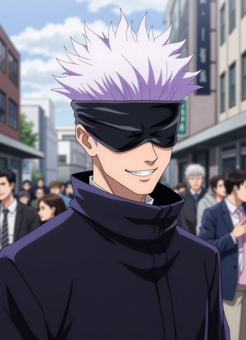 satoru_gojo, photograph of a man wearomg a black blindfold, smiling. He has white-purple hair. He is standing in a crowded city.