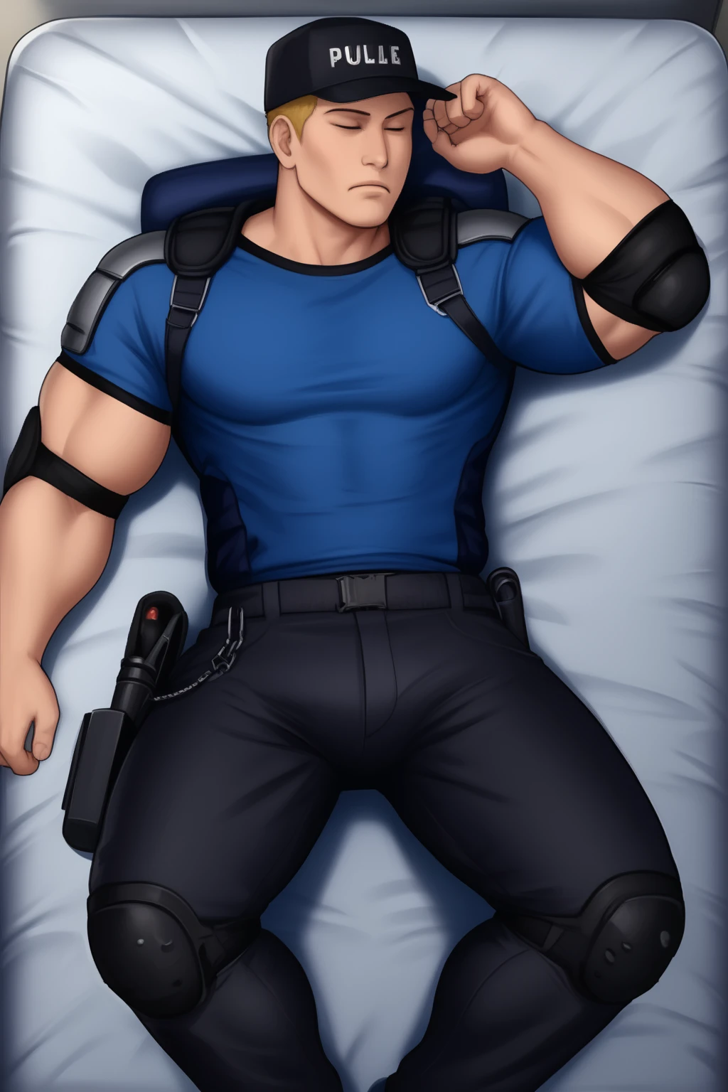 muscular, taut shirt, blue t-shirt, sleeves on shoulders, black baseball cap, elbow pads, black pants, police uniform, shoulder straps, short blonde hair, silver shoulders, eyes closed, (masterpiece, best quality:1.2), solo, male focus, 1boy, big pecs, unconcious, sleeping, defeated, laying on a mattress