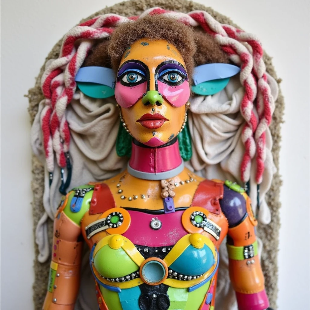 sculpure of beautiful woman  made of trash, trashart