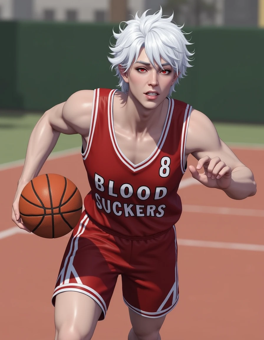 <lora:Astarion_Baldurs_Gate_3-000011:1>, BG3_Astarion playing basketball, white hair, red eyes, basketball jersey that says "blood suckers" on the front, basketball court background, photorealistic