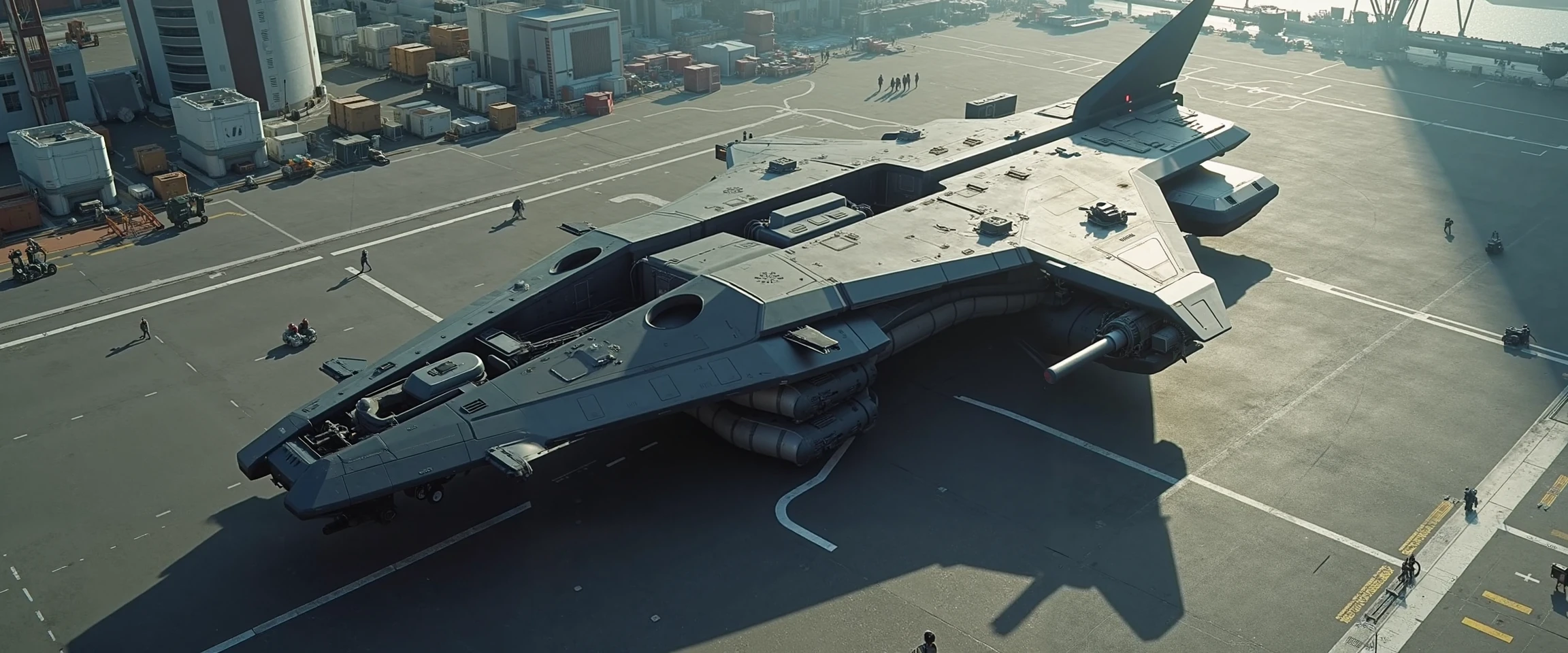 cinematic shot of a huge and gigantic hammerhead on the tarmac, it is the size of 4 skyscrapers , the workers on the tarmac are tiny in comparison. The ship shape is very bulky and shaped like the letter H in a very boxy and cubic shape. aerial view, in downtown