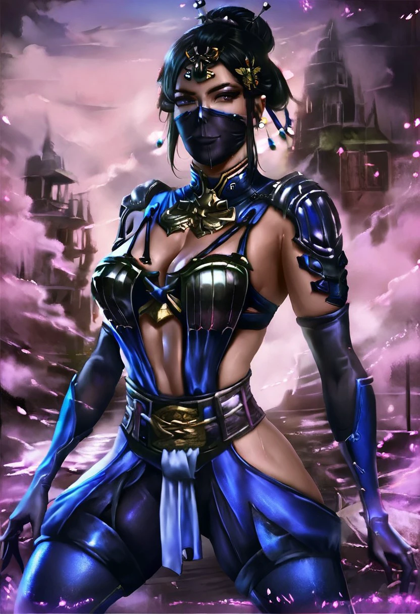 <lora:Logan_Cure_-_Style:0.8> logancure, score_9, score_8_up, score_7_up,  score_6_up, score_5_up,, 1girl, solo, smile, smug, cute face, anime eyes, Kitana MKX, 1girl, solo, breasts, black hair, gloves, cleavage, medium breasts, elbow gloves, hair bun, armor, mask, shoulder armor, ninja mask, hip vent, eyeshadow, hair ornament, face mask