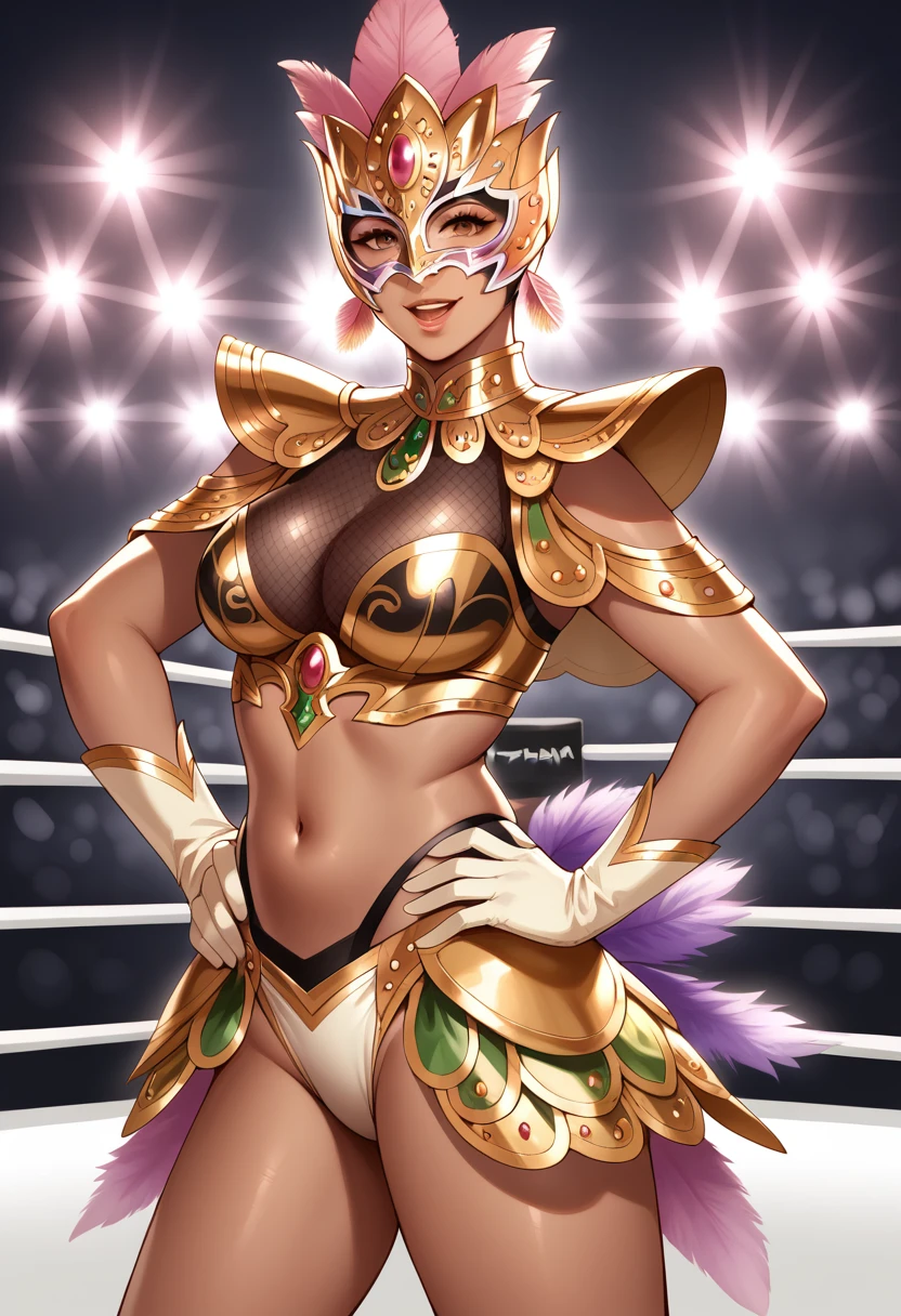 score_9, score_8_up, score_7_up,  source_anime,  BREAK,  <lora:DOALisaHamilton:1>, DOAMariposa, dark-skinned female, wrestling outfit, mask, feather-trim, see-through cleavage, golden top, shoulder pads,  golden gloves,  wrestling ring, crowd, stage lights, hand on own hip, looking at viewer, seductive smile, lips, open mouth,