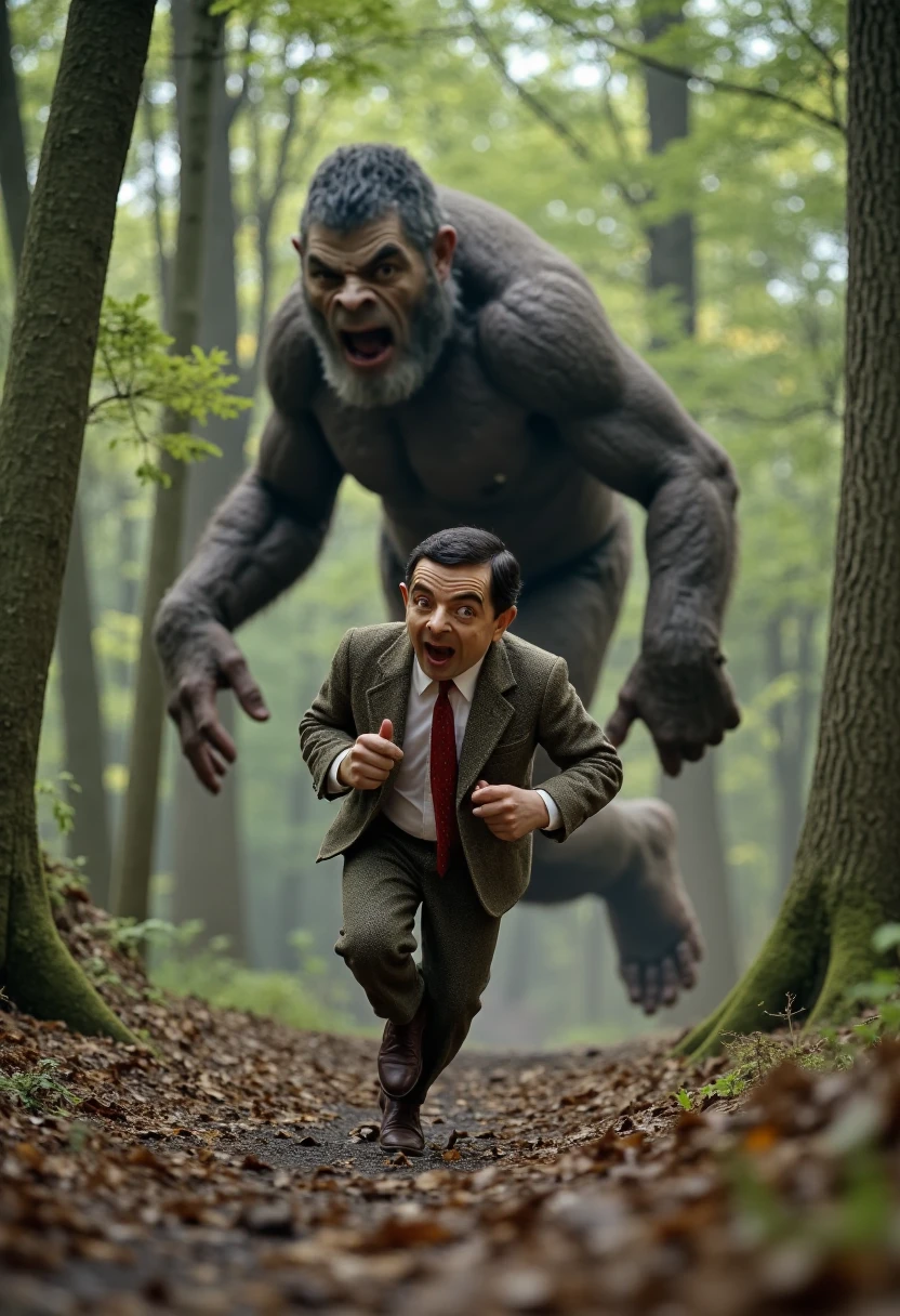 a terrified Mr. Bean running away from a huge angry bigfoot monster right behind him in the woods, intense action shot