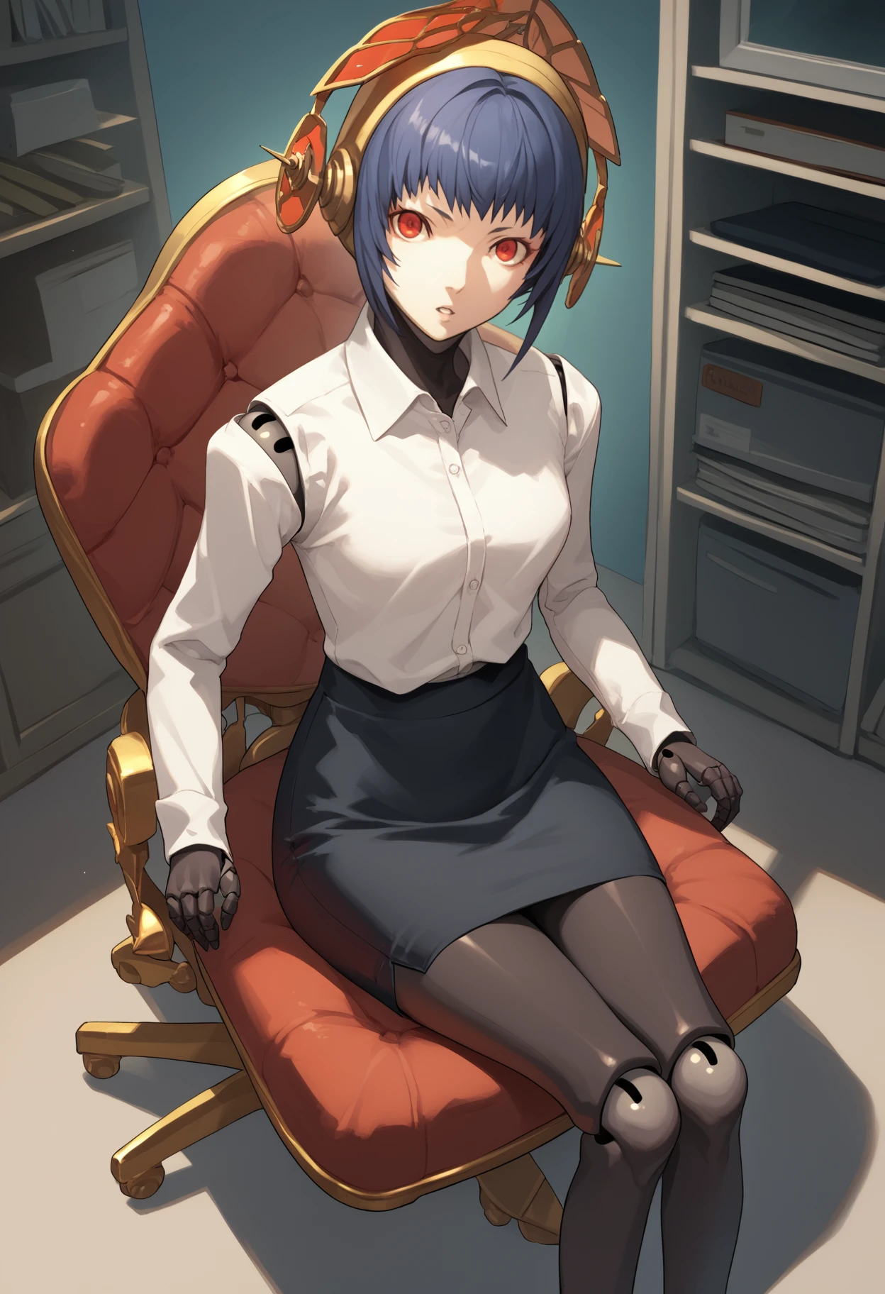 score_9, score_8_up, score_7_up, source_anime, <break> solo, 1girl, p3metis, android, doll joints, parted lips, looking at you, sitting, swivel chair, helmet, white shirt, collared shirt, black skirt, pencil skirt, indoors, office
<segment:yolo-face_yolov8m.pt,0.4,0.5//cid=1>