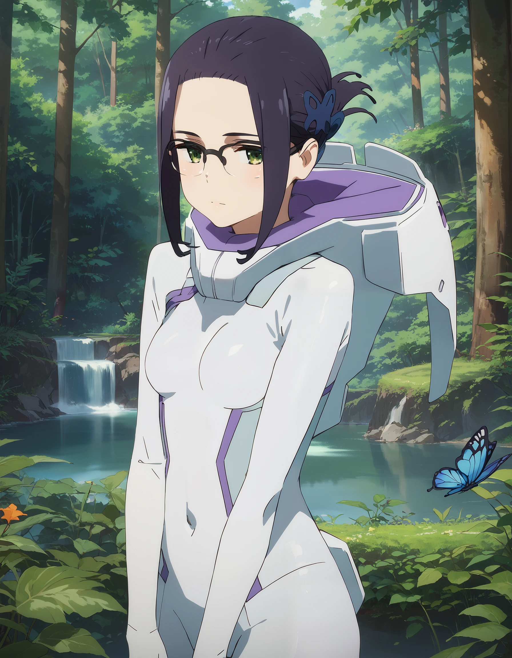 score_9, score_8_up, score_7_up, source_anime, masterpiece, best quality, perfect anatomy, very aesthetic, absurdres, 1girl, solo,

ikuno_franxx, black hair, short hair, hair ornament, butterfly hair ornament, bangs, green eyes, glasses,
bodysuit, white bodysuit,

outdoors, forest, looking at viewer, cowboy shot,