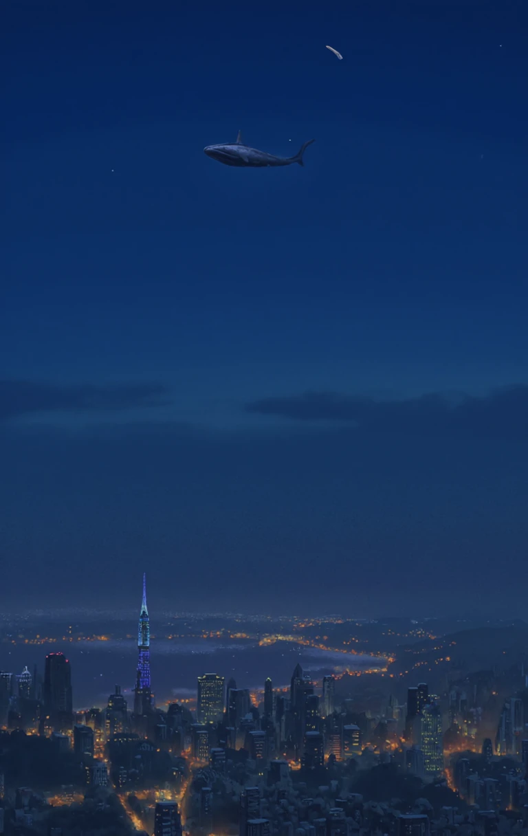 sgbl artstlye large whale floating gently in the night sky high above a city