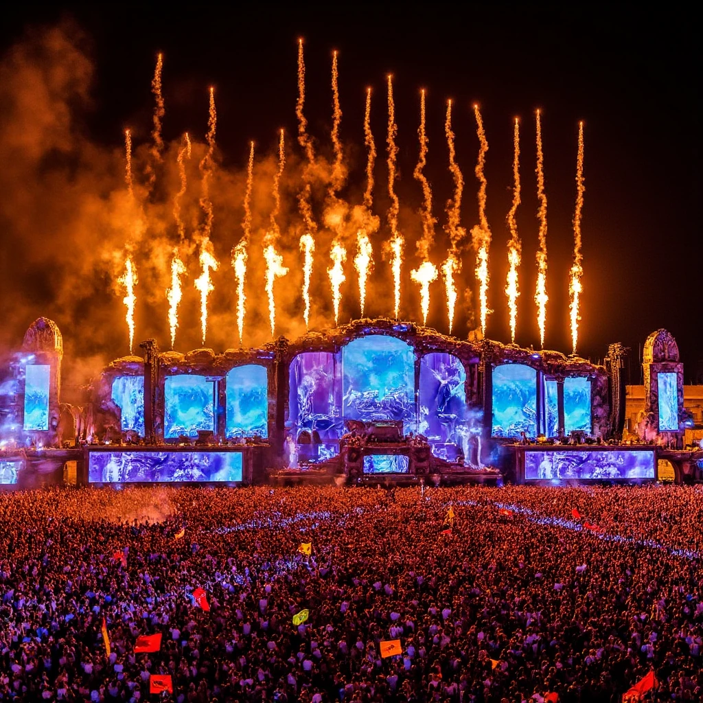 Music Festival, There is a stage in the middle of a large crowd. There are several screens on the stage. There is fire and smoke coming off of the stage and above the crowd.