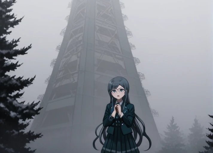 <lora:Tsumugi_Shirogane_SDXL:1>  This anime screencap is from Danganronpa the Animation.  Tsumugi Shirogane wearing her uniform from Danganronpa V3. Tsumugi Shirogane has knee-length dark teal-blue hair parted in the center which is straight and smooth at the base and gradually splits into waves near the tips. Her eyes are large, round, and are a soft teal-green color. Tsumugi wears round, rimless glasses with white temples. Tsumugi's Danganronpa V3 school uniform consists of a white blouse with an orange bow tied at her collar underneath a two-button, pocketed, teal-black school blazer adorned with two silver buttons on each lapel and a single button on each gorge. She wears a knee-length teal-black pleated skirt with two dark teal stripes lining the hem. Her legwear consists of dark navy knee-length socks and teal-gray loafers.  Tsumugi is shaking fist. Tsumugi is surprised expression . Tsumugi Shirogane is working with and involved in A tall, slender communication tower rises through a thick fog against a pale gray sky. The tower's metal framework is visible in the foreground, with a lattice of triangular supports forming its structure. The upper portion of the tower fades into the mist, its top barely visible. At the base, the tower is painted bright red, contrasting with the silvery-gray of the upper sections. Surrounding the tower are dark silhouettes of evergreen trees, their tops peeking through the fog. The scene has a moody, ethereal quality, suggesting a cold winter day or early morning. Diffused light permeates the image, softening edges and creating a sense of depth. A faint dusting of snow is visible on some of the tree branches, adding to the wintry atmosphere. The overall color palette is muted, dominated by grays with touches of red at the tower's base.