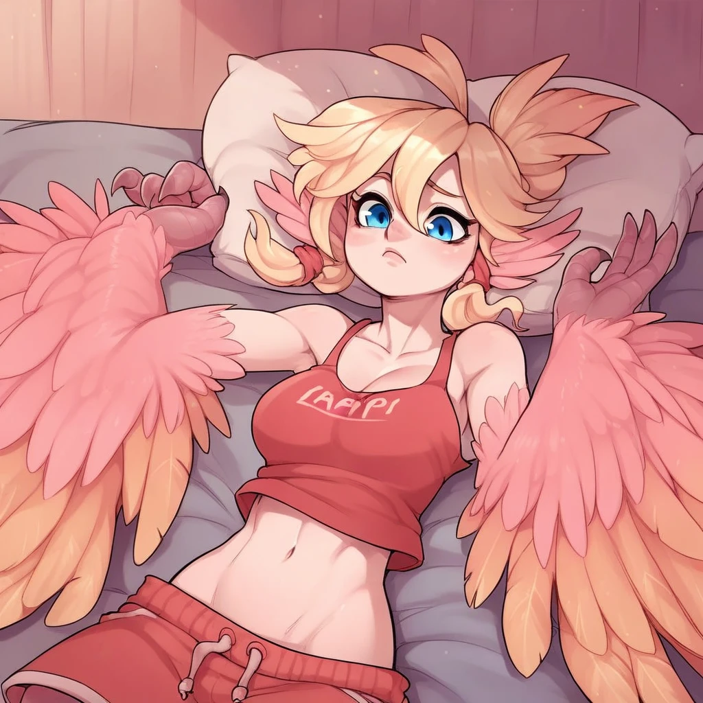 <lora:Adalee_Style_v2_PonyXL:0.8> adalee, by adalee, score_9, score_8_up, score_7_up, score_6_up, score_5_up, score_4_up, source_anime, source_cartoon, rating_safe, 1girl, breasts, monster girl, harpy, winged arms, feathers, blonde hair, blue eyes, pink body, clothed, clothing, in an american diner, lying on bed, female, breasts, rating_safe