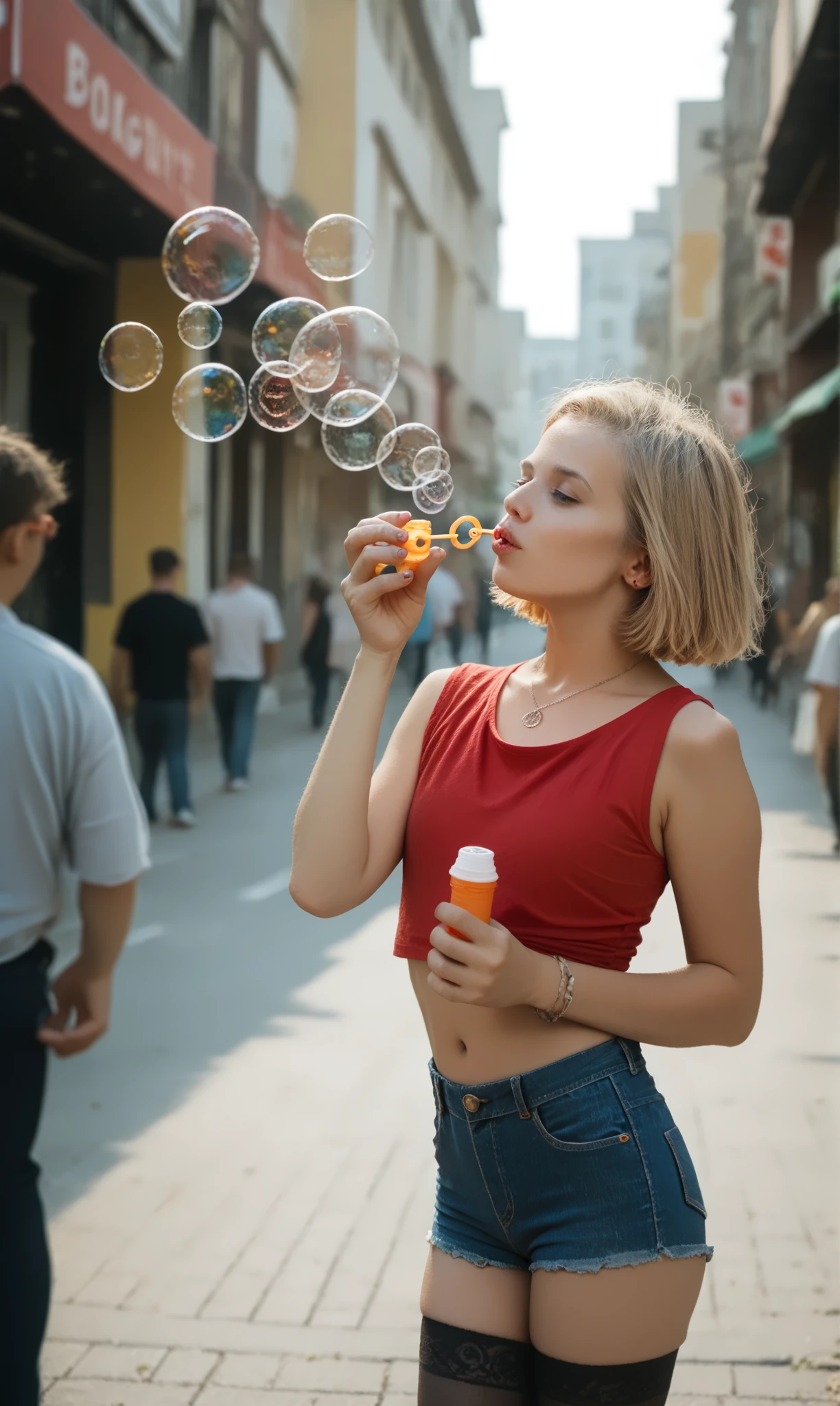 score_9, score_8_up, score_7_up,  blobub, (slim girl) in red top and denim shorts blowing bubbles in a crowded street. necklace , holdup stockings, short blonde hair   
 <lora:BlowBubblesPony:1>