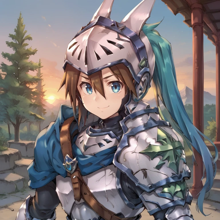 score_9, score_8_up, score_7_up, score_6_up, source_anime, BREAK, <lora:Durant:0.80>, durdef, 1boy, brown hair, short hair, hair between eyes, blue eyes, visor \(armor\), helmet, white armor, ((blue plume)), multicolored plume, short blue cape, shoulder belt, single pauldron, shoulder armor, gauntlets, greaves, from side, (solo), smile, closed mouth, looking at viewer, exterior, trees, temple, sunset, <lora:backgroundsetXL:0.2> , background,   <lora:d4rkpurpXLP:0.3> , d4rkpurp,