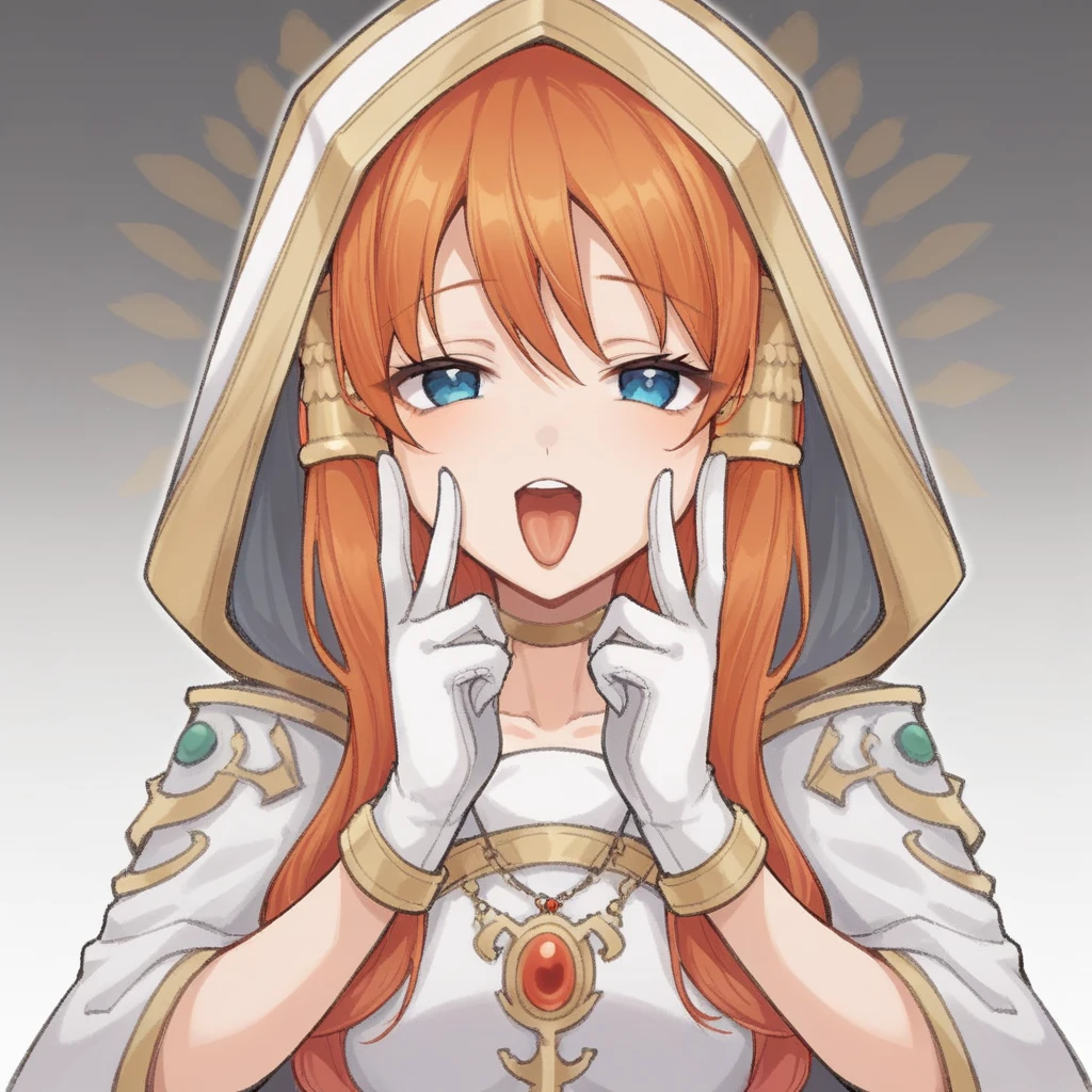 <lora:1minerva:0.8>score_9, score_8_up, score_7_up, source_anime, blue eyes, orange hair, collarbone, gold hair tubes, white hood, white gloves, capelet,  red jewelry,
 tongue out, open mouth, 
look at viewer, face portrait, focus on face, focus on eyes
hands on own face, double peace hands, peace hands, hand above breast