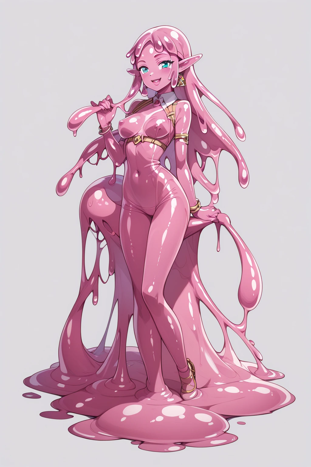 slime woman, mature woman, solo, pink slime, dark pink skin, pink hair, very long hair bangs, absurdly long hair, liquid hair, (yellow eyes), glowing eyes, ((naked)), navel, (hands behind head), neutral, cold, inexpressive, facing away, slime substance, slime censor, dungeon background, backlight, fantasy, looking at viewer, head tilt, masterpiece, best quality,