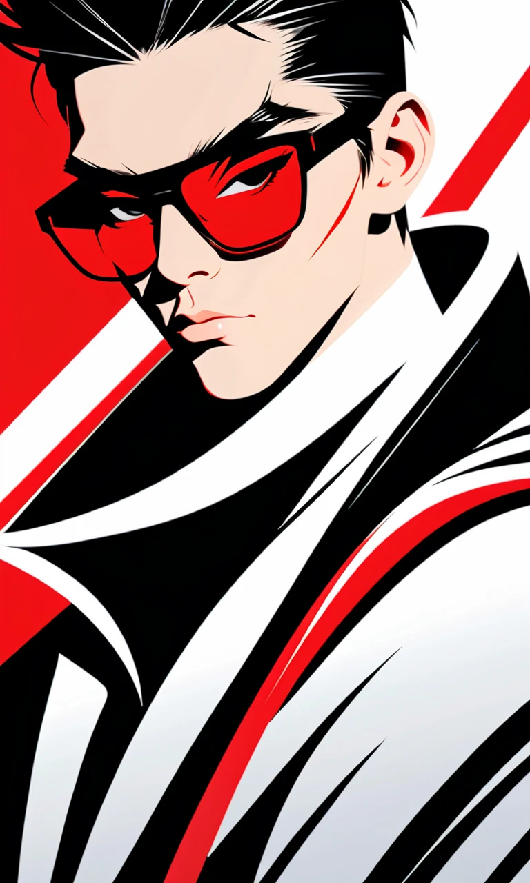 <lora:MHJ_XL:1>, Minimalist vector illustration, male character with red sunglasses, futuristic jacket with sharp angular designs, bold red background, intense expression, modern urban style, clean lines, high contrast between black, white, and red, sleek futuristic aesthetics.