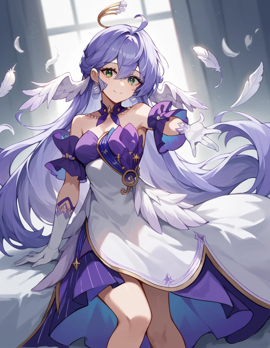 score_9, score_8_up, score_7_up, source_anime, <lora:hsr-robin-ponyxl-lora-nochekaiser:1>, hsr robin, purple hair, ahoge, long hair, very long hair, hair between eyes, feather ears, wings, white wings, green eyes, beads, hair intakes, medium breasts,, strapless dress, white dress, purple dress, detached sleeves, white gloves, feather boa, dress, shawl, halo, asymmetrical gloves, jewelry, earrings, purple collar,, hospital room, bedside, get well flowers, comforting, quiet, smile, looking at viewer, arm outstretched, hand on hip, knee up, solo,, cowboy shot, dutch angle