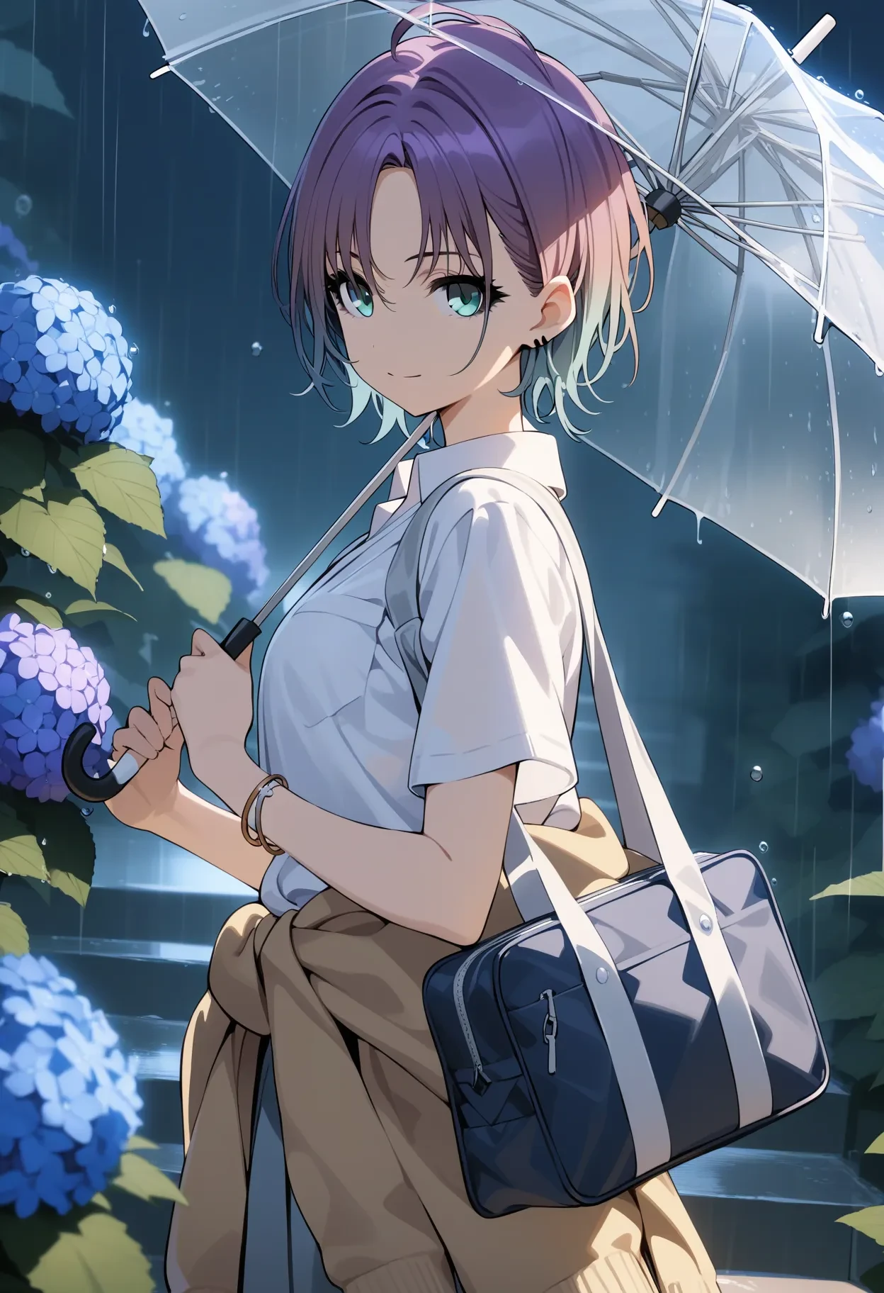 t_asakura, darkness,
1girl, ahoge, bag, blue flower, bracelet, cardigan, cardigan around waist, clothes around waist, flower, gradient hair, holding, holding umbrella, hydrangea, jewelry, light purple hair, light smile, looking at viewer, looking back, multicolored hair, outdoors, parted bangs, rain, school bag, school uniform, shirt, solo, stairs, transparent, transparent umbrella, umbrella, umbrella over shoulder, water drop, white shirt, aqua eyes,
masterpiece, best quality, very aesthetic, absurdres
<lora:t_asakuraXL_animagine:1>