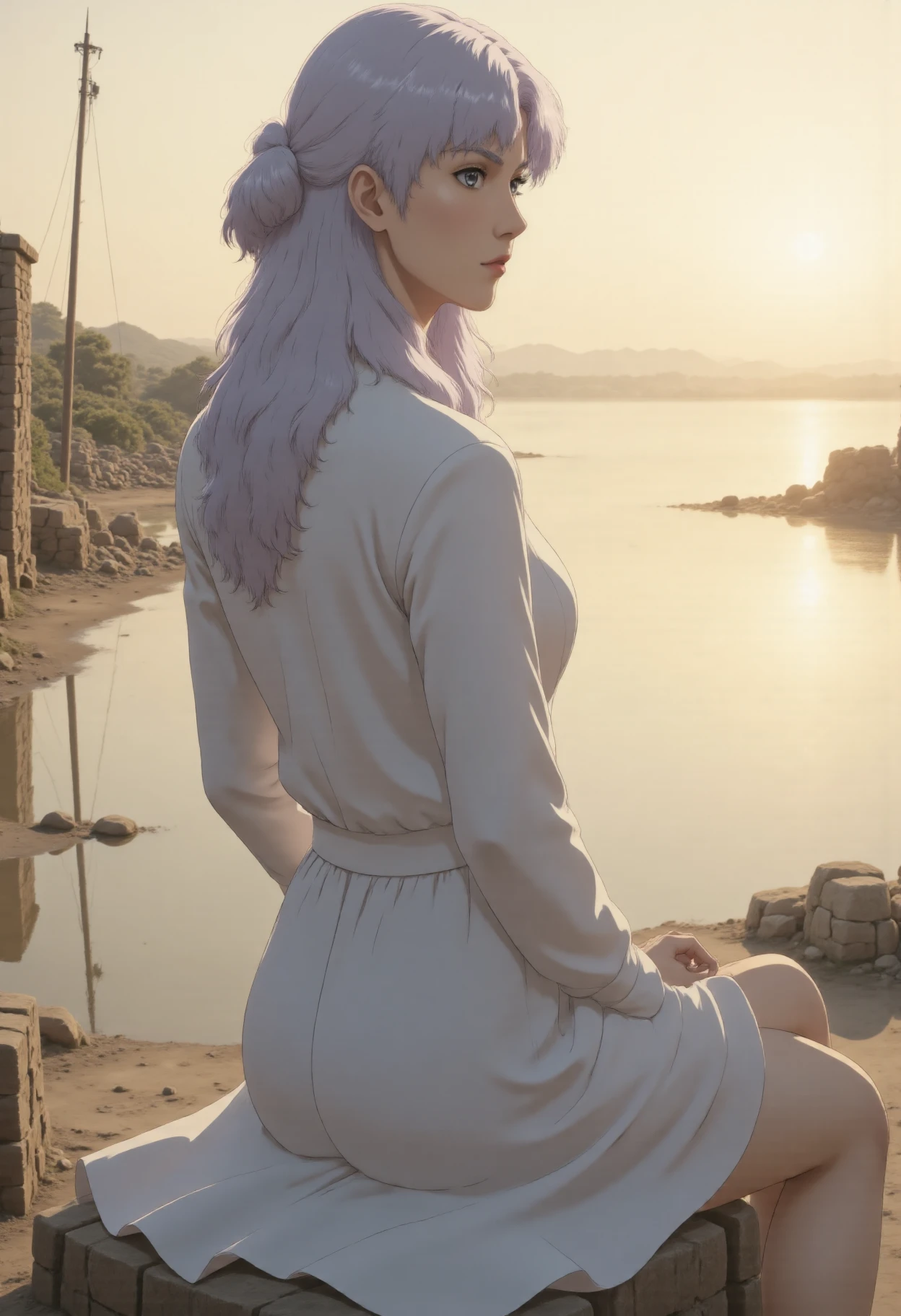 Elle has long white hair and pale white skin wearing a loose white dress. she is sitting on a dock watching the sun set. 64k realistic photo, perfect face and body, beautiful detailed eyes, detailed realistic skin, face focus, side view, sfw, looking away from the camera towards the setting sun, anime style