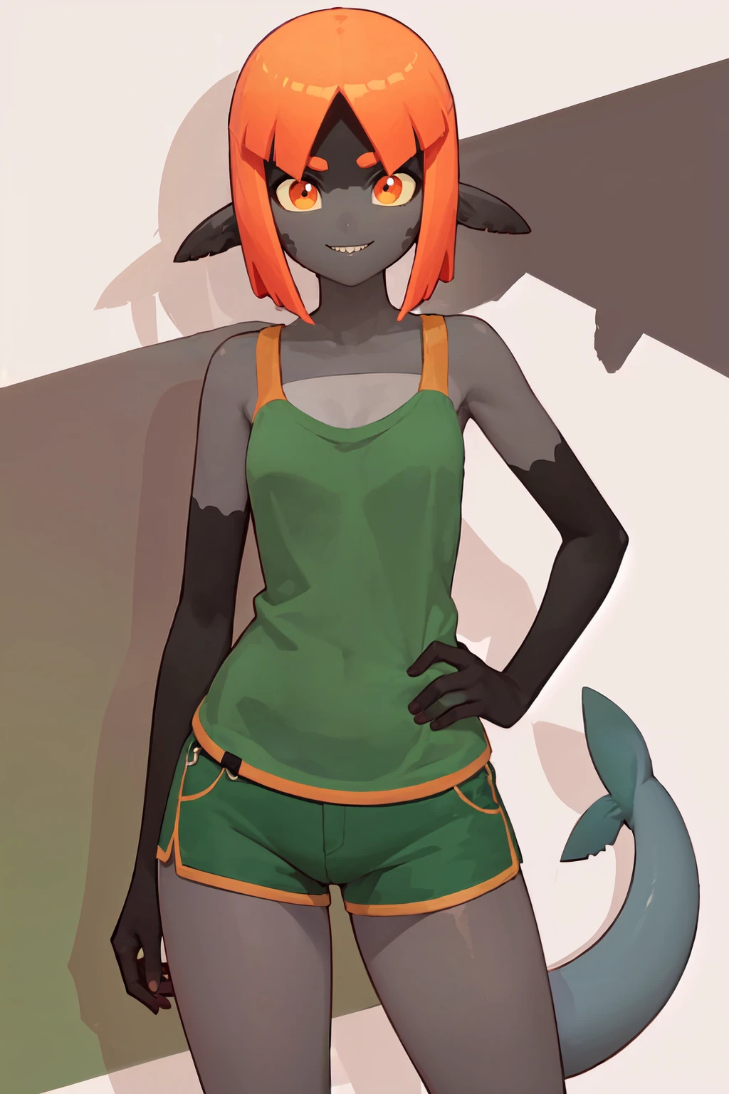 ((masterpiece,best quality)), absurdres,  BREAK, , <lora:Sammy_Horsefeathers:0.5>, ZzSammy, short hair, colored skin, orange hair, monster girl, black skin, orange eyes, dark skin, colored sclera, grey skin, pointy ears, (shark tail), green shirt, green shorts,  wide hips, curvy, , BREAK, hip to the side, contrapposto,, BREAK, solo, smile, looking at viewer, cowboy shot,