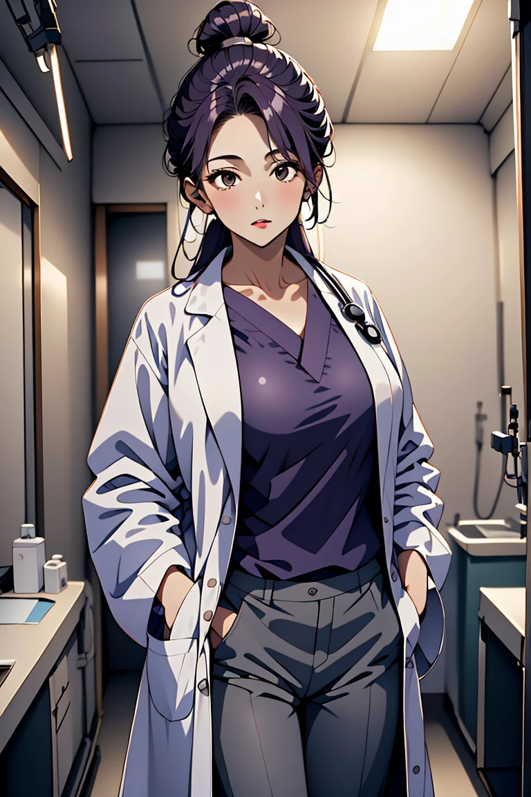 (RAW photo, best quality,facing the viewer,from front), operating room, overhead surgical light,blurred background, focused, dithering,backlighting,
 <lora:CMC_Katherine_Moretti_V1.0:0.9> cmc924, katherine moretti, 1girl, solo,dark purple hair, single hair bun, brown eyes,long hair,
 <lora:Doctor_Uniform_V2.0:0.8> doctor_traditionalcoat, 1girl, solo, shirt, pants, labcoat, doctor, stethoscope, looking at viewer, hands in pockets,