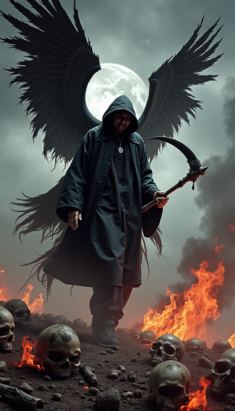 sinister, shadowy figure of chester_numb, draped in a flowing, tattered cloak billowing in the wind; holding a menacing big scythe, walking among pile of skulls, large decaying black wings spread wide against a stormy, twilight sky filled with swirling clouds, the ground littered with bones and debris, dark grays, blacks, and browns dominate, accented by fiery orange and red, enhancing the eerie, macabre atmosphere