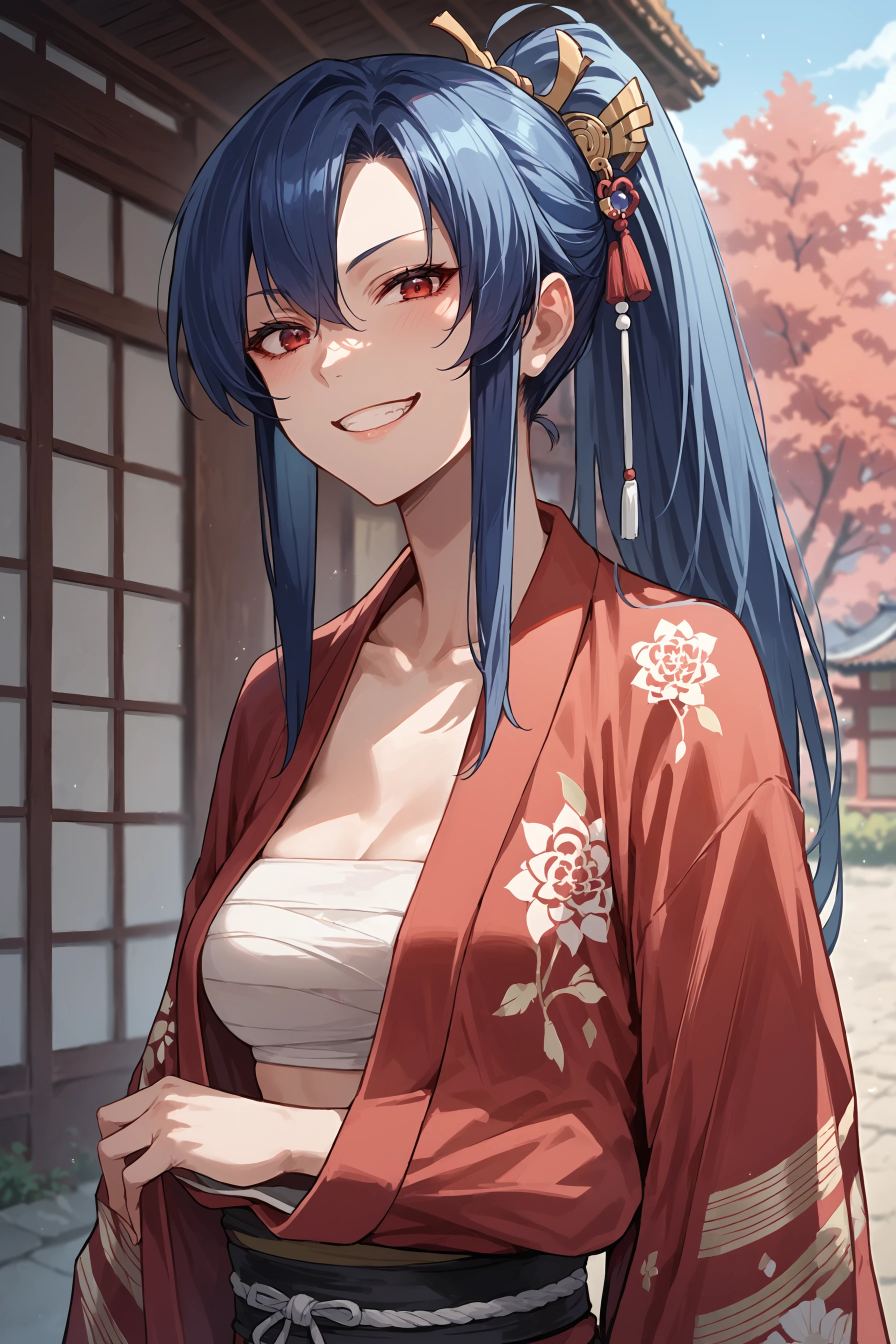 (score_9, score_8_up, score_7_up) BREAK source_anime,1girl,solo,red eyes,blue hair,long hair,ponytail,japanese clothes,arm inside kimono,medium breasts,chest sarashi,print kimono,grin,looking at viewer,upper body,standing,outdoors,<lora:casual_kimono_v1:1>,