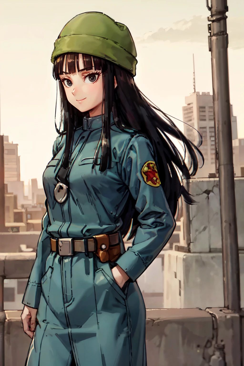 ((masterpiece,best quality)), absurdres,  BREAK, , <lora:FutureMai_DragonBall:0.8>,  zzMai, long hair, black hair, black eyes, blunt bangs,  military uniform, belt, green hat, , BREAK, side view, hip to the side, contrapposto,, BREAK, solo, smile, looking at viewer, cowboy shot,