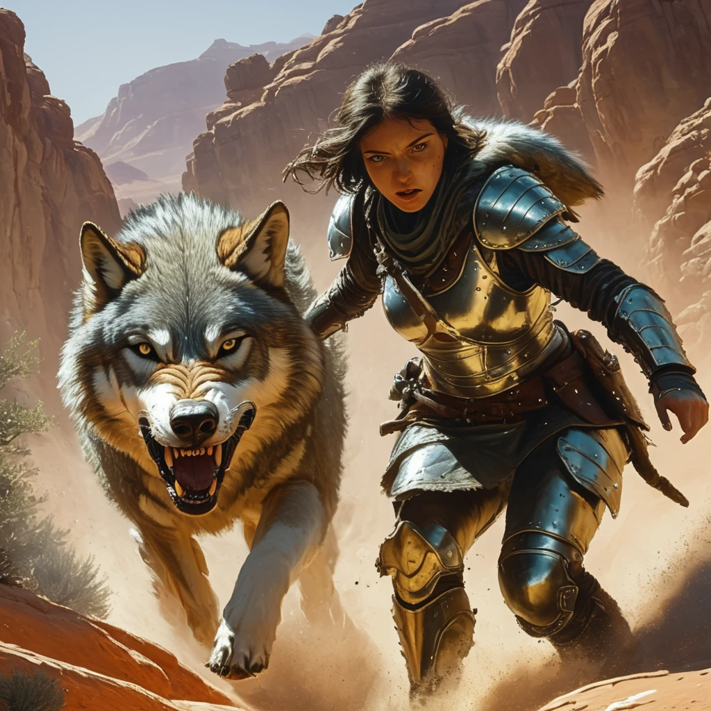 Ranger and Wolf, 1woman, wearing metal armor, wolf charging