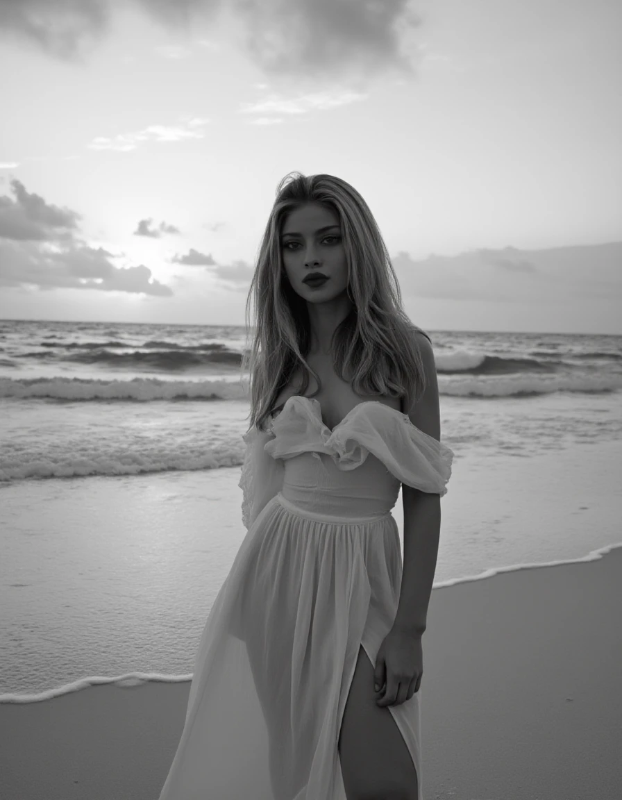 A Black and white portrait of a solo female figure, Lemy Beauty, as she stands on the beach at dusk, with the sun setting on the horizon. She has long, wavy hair that is gently blown by the sea breeze. She is dressed in a light, flowing dress that moves gracefully in the wind. The golden sand of the beach stretches out around her, while the gentle waves of the ocean crash in the background. The sky tones create a serene and magical atmosphere, backinblack , black and white, greyscale, monochrome
 <lora:Lemy_Beauty:1> <lora:Back_in_Black:1>