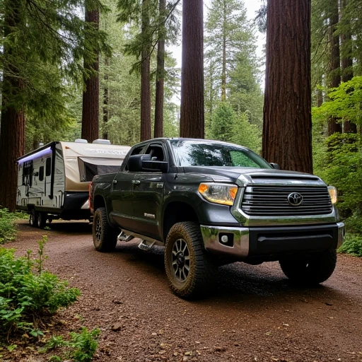 2014 Tundra in a redwood forest parked next to a gorgeous campsite.