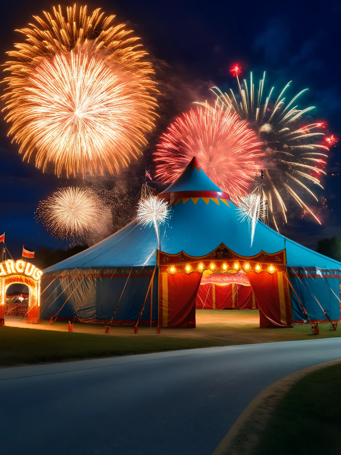 <lora:JJsCircusTent_XL:1> ,((Circus Tent)), ((outdoors)) , building, blue sky, window,   subject, night, night sky, cloud,  real world location, realistic, flag, grass, road, ((fireworks)),   ((light bulbs)) , scenery, lantern, tree,