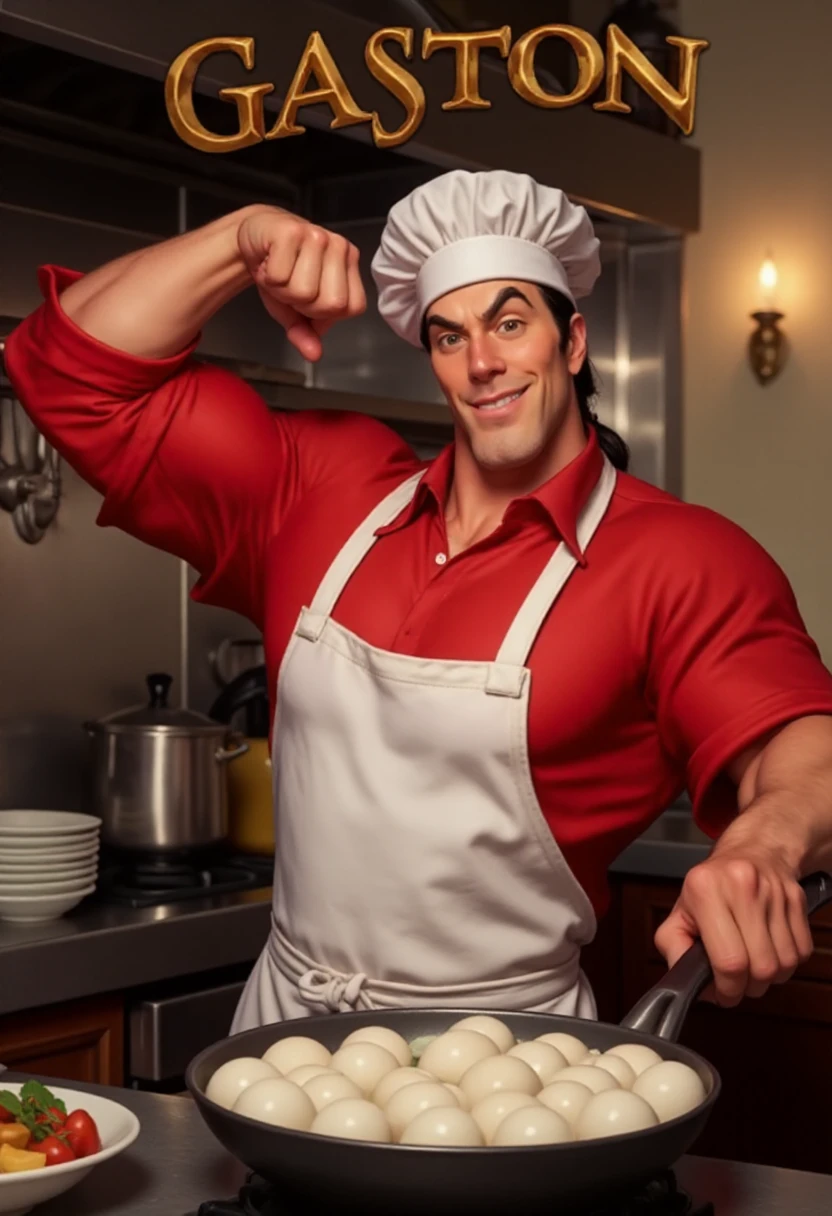 Photorealistic Gaston alone in the kitchen frying 48 eggs on a single frying pan at once. He is wearing a red shirt, a white chef's apron and a white chef's hat. He is giving a sly smirk at the viewer. He is flexing the bicep of one arm.  Title text overlay: "GASTON"    <lora:Gaston_-_Beauty_and_the_Beast_F1D-000018:1.3>