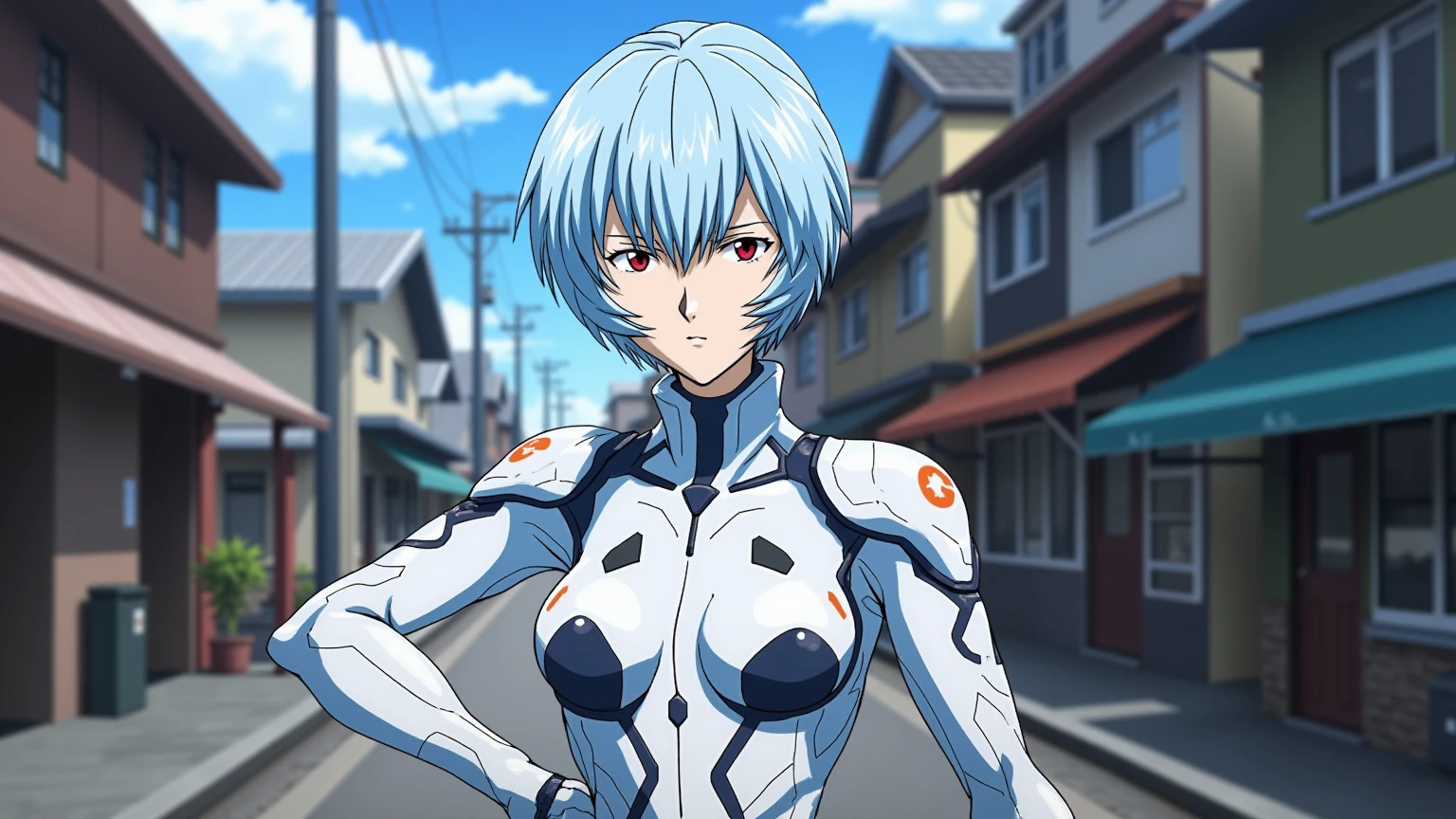 A detailed solo portrait of ppayanamirei. She has pale blue hair.
She stands on a war charring street. She wears white plug suit. She has a serious face, with an angry and determined stare. She puts her right hand on her left shoulder, as she has been injured. However, she seems determined and is ready to fight till the end.
anime still, highly detailed. No flat color, no hand drawn, no fan art.
 <lora:Ayanami Rei - Flux prototype_epoch_3:1>, anime.