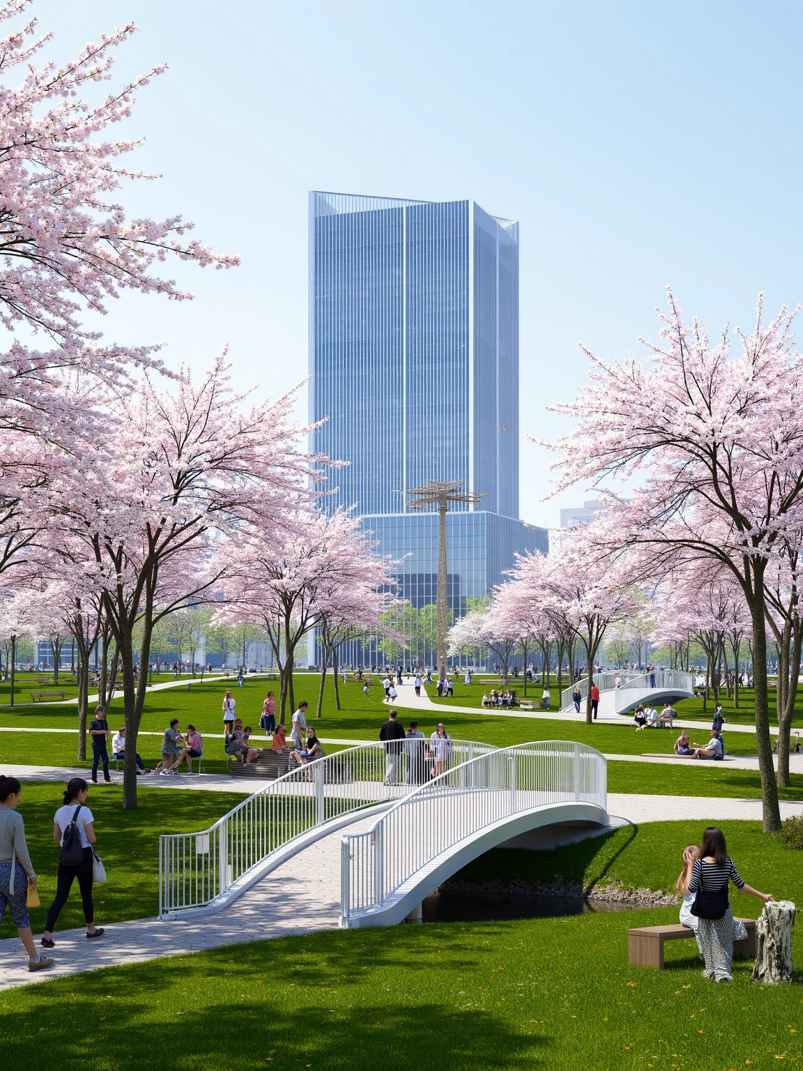 a serene urban park scene. In the foreground, cherry blossom trees in full bloom are scattered across the grassy area, their pink flowers adding a touch of color to the setting. A curved pedestrian bridge with white railings and stairs provides a modern architectural element, allowing visitors to cross over a small stream or pathway.
In the middle ground, people can be seen enjoying leisure activities. Some individuals are walking along the pathways, while others are sitting on benches, soaking in the tranquil atmosphere. The park appears well-maintained, with clean, manicured lawns and clear walkways.
Dominating the background is a tall glass skyscraper with a reflective surface that mirrors the surrounding environment. Its sleek design contrasts with the organic shapes of the park elements, creating a harmonious blend of nature and architecture.
Overall, the video captures a moment of calm and relaxation in an urban park, where people come together to enjoy the beauty of nature amidst the hustle and bustle of city life.