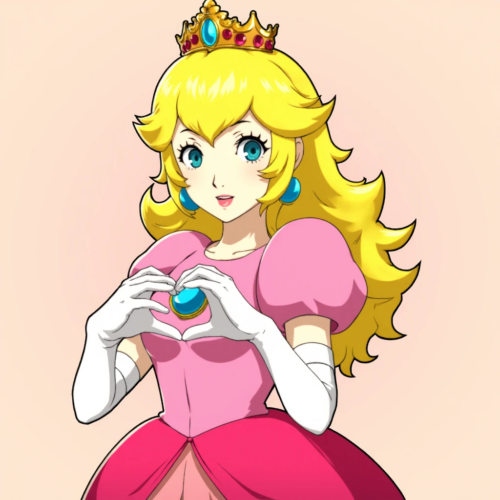 <lora:Persona5-Guy90-Flux-V1:1>, persona5 style, a digital drawing in a stylized anime art style, simple background, princess peach from mario, She is holding her hands up making a heart shape. She is wearing white gloves. She is wearing a pink dress, has blonde hair and a shiny golden crown