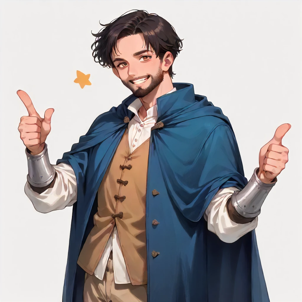 score9, solo, looking at viewer. simple background BREAK btvcrane, 1boy, exhausted. dark blue coat, cloak, brown vest, shirt, tan pants. cartoony, chibi, smile, (double thumbs up:1.2) <lora:BTV Michael Crane:1>