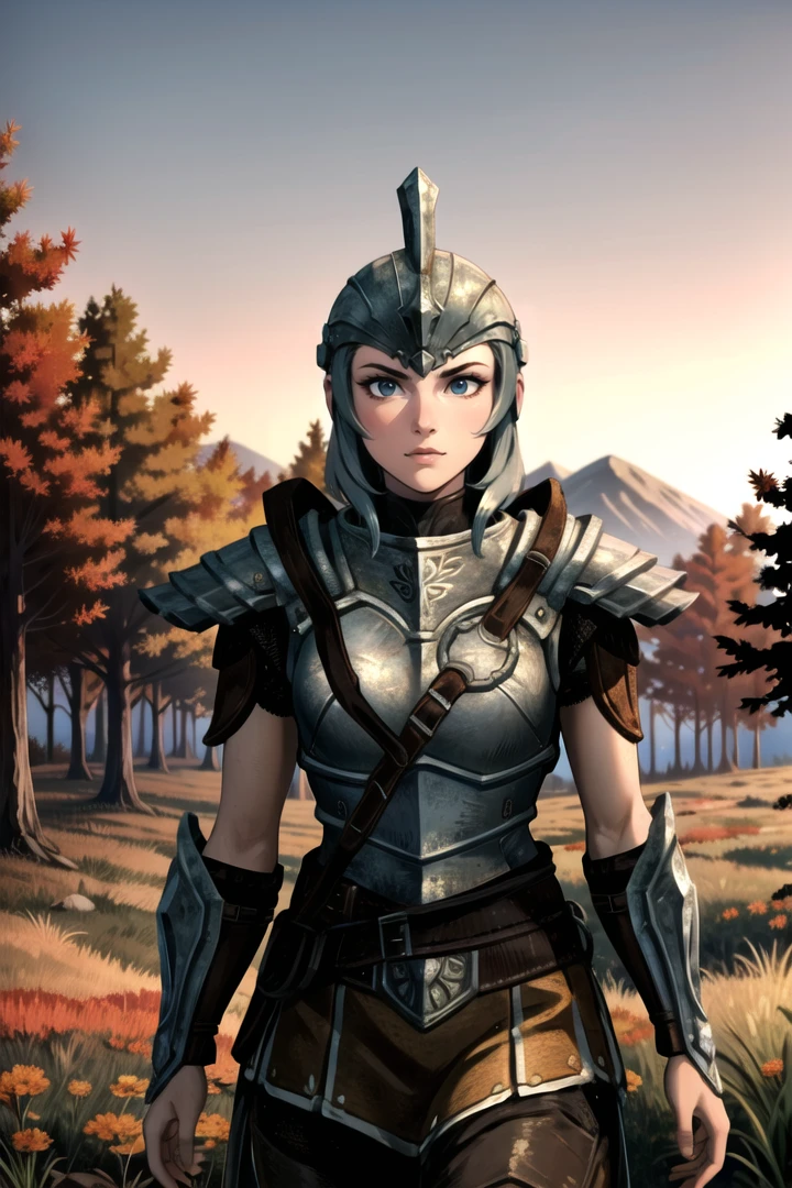 1girl,solo,beauty,armor,helmet,bracer,looking at viewer,outdoors,sunset,forest,((in autumn)),cowboy shot,Highly detailed,(ultra-detailed),(best quality,masterpiece:1.5),<lora:The Elder Scrolls V Skyrim-Empire Armor:0.7>,