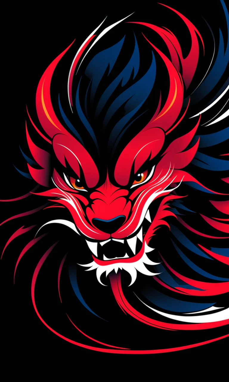 <lora:MHJ_XL-000006:1>, Minimalist vector illustration, a close-up of a fierce dragon dance lion head, intense red and black hues, swirling shapes suggesting movement and strength, bold details on the fur and scales, deep shadows highlighting the powerful expression, strong contrast between dark and vibrant colors, evoking tradition and power.