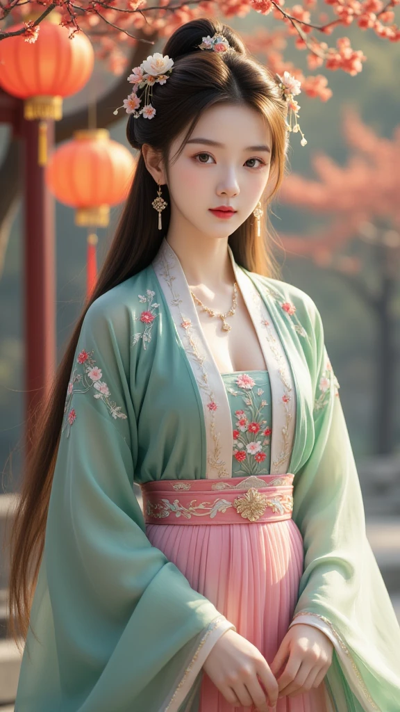 1qqq,realistic,best quality,masterpiece,highres,(exquisite body:1.5),gorgeous face,(milky skin:1.3),intricate details,high resolution,wallpaper,1girl,solo,dress,hair ornament,(((green and pink dress))),flowers,long hair,brown hair,closed mouth,jewelry,long sleeves,wide sleeves,big eyes,floating hair,chinese clothes,hanfu,embroidery,long skirt,natural pose,outdoor, tree,lantern,16K,HDR,highres,depth field,(film grain:1.1),boken,golden hour,(lens flare),vignette,rainbowing,(color grading:1.5),(large breasts:1.2),upper body,