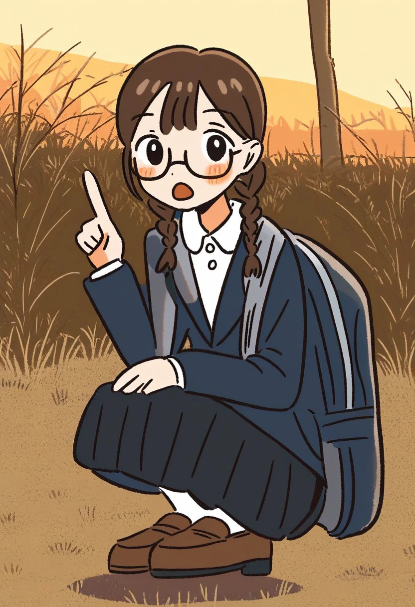 1girl, solo, long hair, looking at viewer, blush, open mouth, skirt, brown hair, shirt, long sleeves, twintails, jacket, white shirt, braid, pleated skirt, outdoors, shoes, glasses, socks, collared shirt, black skirt, bag, :o, black eyes, twin braids, tree, shadow, leaf, brown footwear, squatting, grass, white socks, pointing, loafers, sunset,