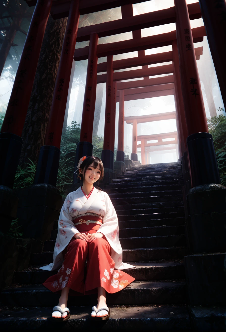 ,ruanyi0942,multiple torii,outdoors,stone stairs,tree,
,ruanyi0712,floral print,red kimono,obijime,sandals,tabi,wide sleeves,
sitting on stairs,<lora:0942 torii_v1_pony:1>,<lora:0712 kimono_v1_pony:0.7>, score_9, score_8_up, score_7_up, score_6_up, score_9, score_8_up, score_7_up, score_6_up source_anime, blush, 1girl, seduce smile, perfect body , natural huge breasts