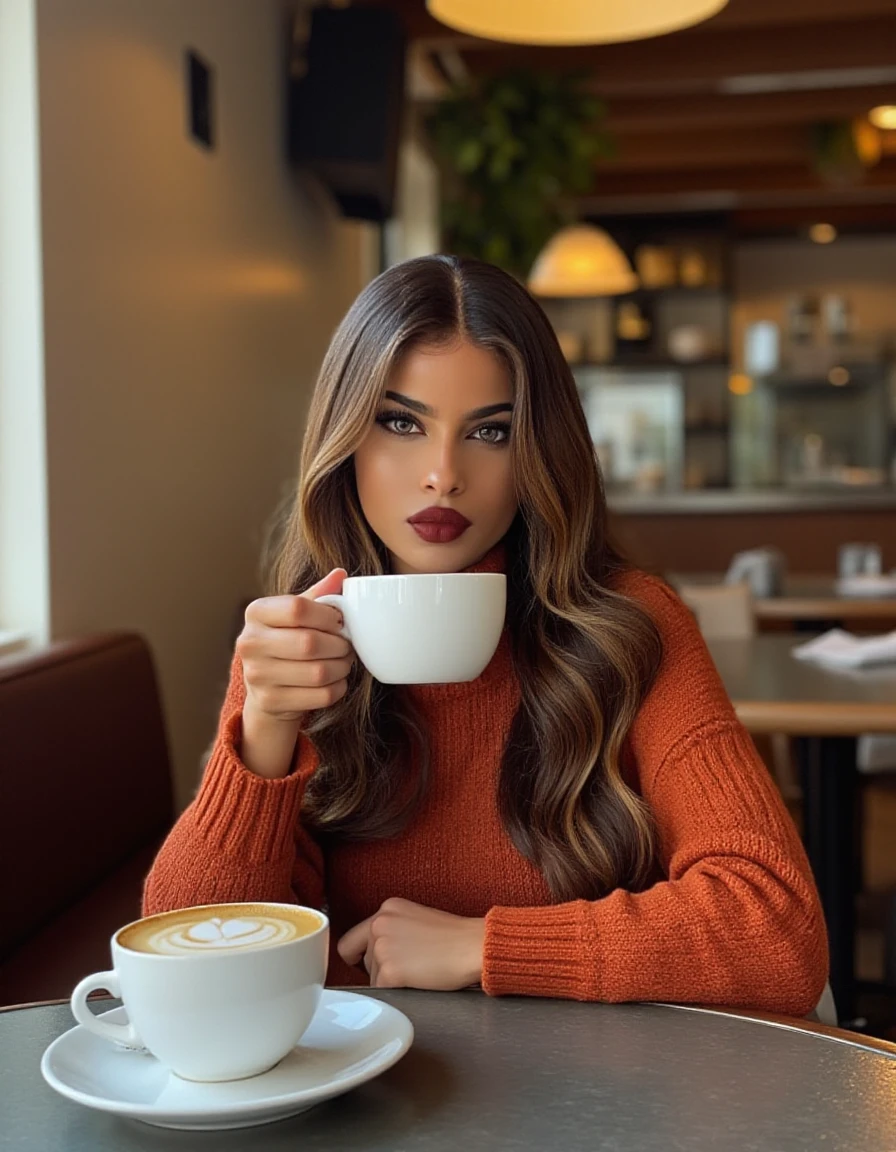 profesional photo of a beautiful woman wearing a cozy turtleneck sweater enjoying herself in a cafe having coffee
 <lora:Lemy_Beauty:1>