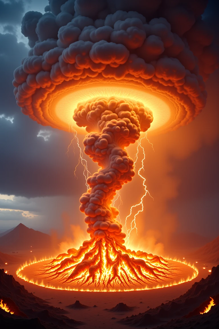 If a thunderstorm filled with lightning collided with a tornado together over a giant ball of fire and flaming debris portray the resulting fire filled lightning arcing swirling vortex of destruction, an electric fire tornado