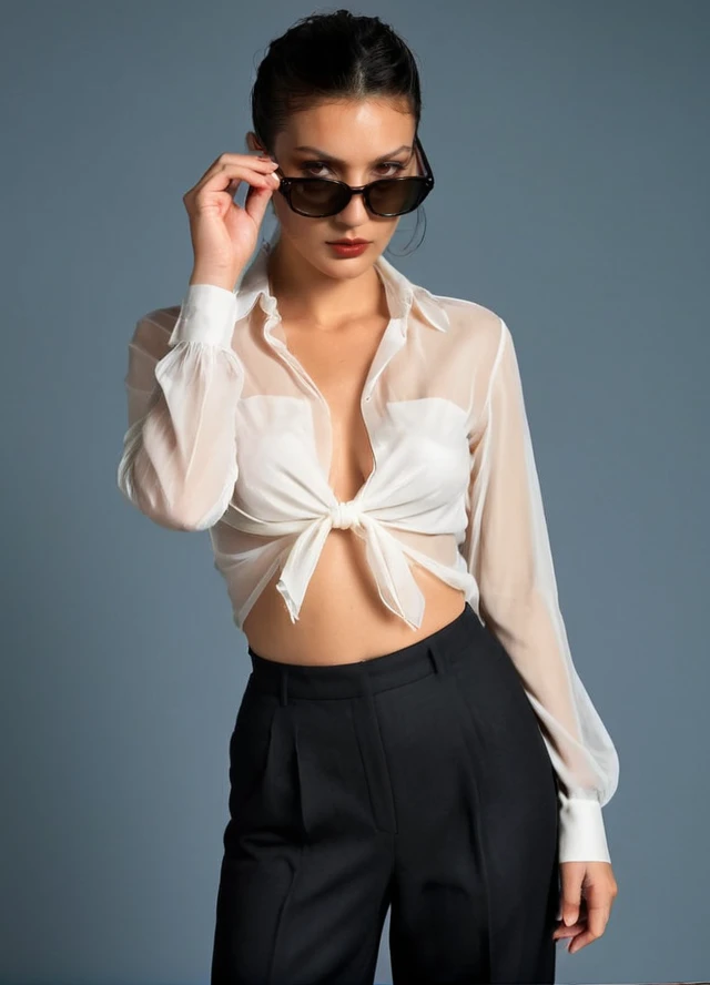 photo of a bella hadid, Full body shot of an adult Olive Skin women taken by henri cartier-bresson, (((she is wearing a Sheer blouse and Wide-leg trousers)), looking at viewer with Shock, pulling down sunglasses, posed with hands on glasses, jet black razor cut , full lips, Kodak Motion Picture Film Style ,  <lora:add-detail-xl:1> <lora:style_lora_dadaptadam_realis:.45> <lora:PerfectEyesXL:.25> , solo,1girl, perfect human anatomy, perfecteyes, black eyes, <lora:Kodak Motion Picture Film Style v5_2:.9> slim thick thighs <lora:TeethXL:.1> ((medium perky breasts covered)) ziprealism <lora:SexyConiAI:.15> <lora:polyhedron_all_sdxl:0.2>, <lora:last:.15> <lora:NaturalBodyV2.0-C:0.2>,    <lora:pulling_sunglasses_down_XL:1>