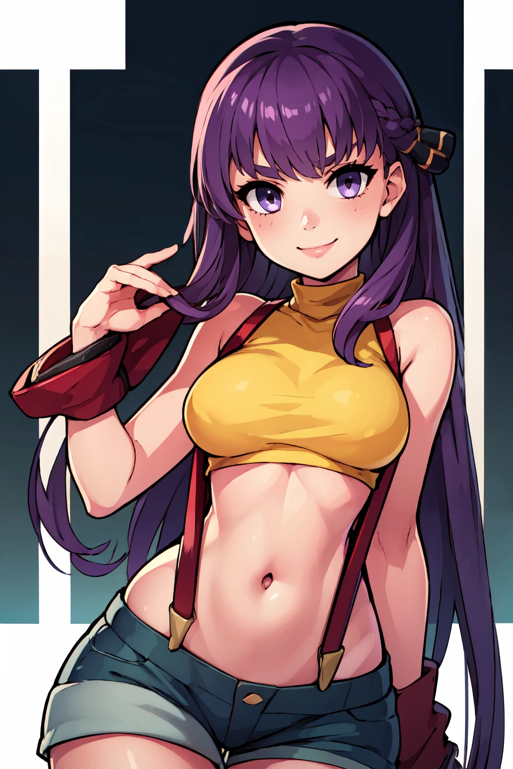 ((masterpiece,best quality)), absurdres,  BREAK, , <lora:Bb_Fgo:0.7>,  zzBB, long hair, purple hair, purple eyes, bangs, very long hair,  , BREAK,  <lora:Misty_Pokemon_Cosplay_v3:0.8>,  misty (pokemon) (cosplay), yellow crop top, suspenders,, BREAK, solo, smile, looking at viewer, cowboy shot,