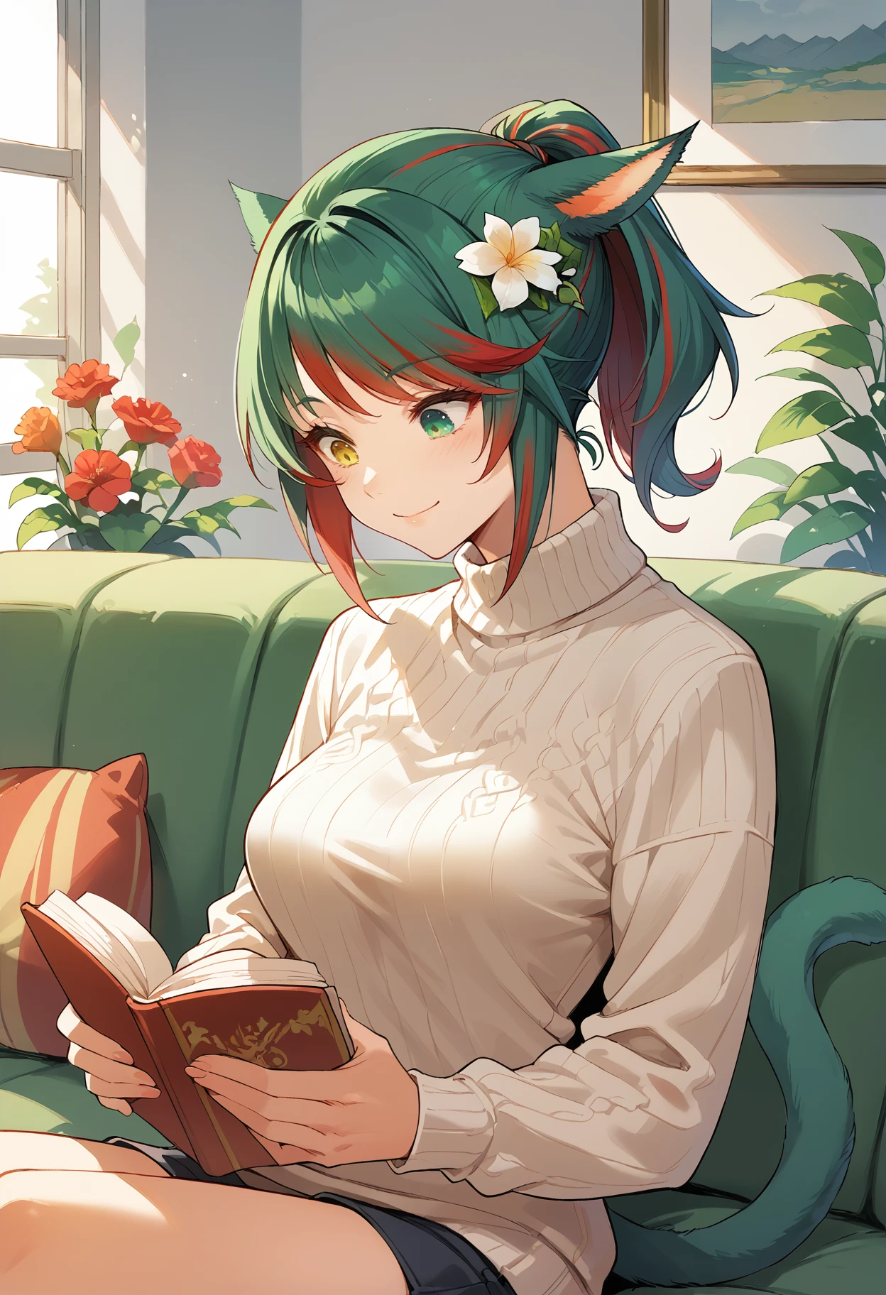 score_9, score_8_up, score_7_up, miqo'te, green hair, red hair, ponytail, short hair, siriha, heterochromia, yellow eyes, green eyes, two-tone hair, tail, medium breasts, smile, sweater, couch, upper body, flower hair ornament, reading, looking down
<lora:miqote siri (pony) v1:1>