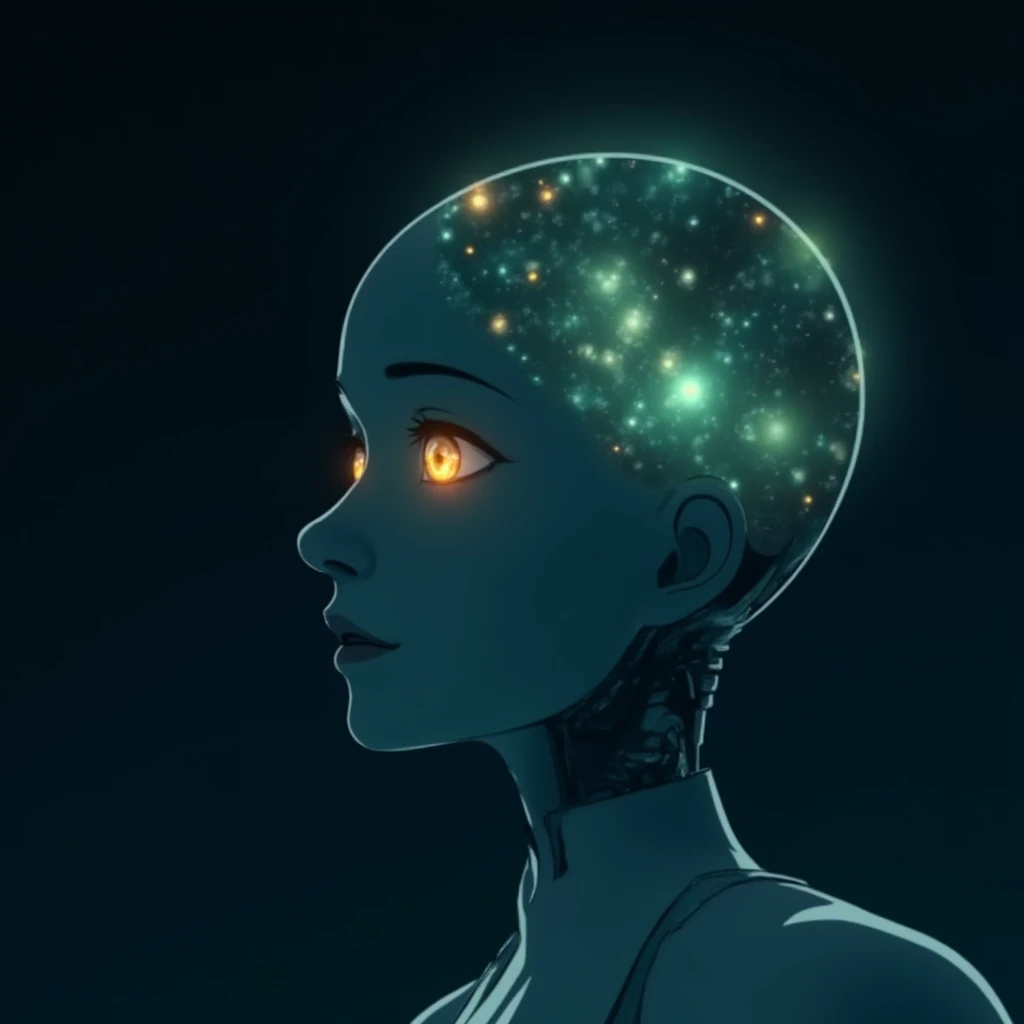 Anime screencap featuring a Minimalist and abstract side profile of a robot woman with a universe sprouting from her mind as she opens her eyes and attains consciousness for the first time in the dark. She has beautiful and intelligent bright orange eyes brimming with knowledge and benevolence. Mostly in hues of blue and green. ,<lora:elilail_flux_1_standard_v2-000019:1>